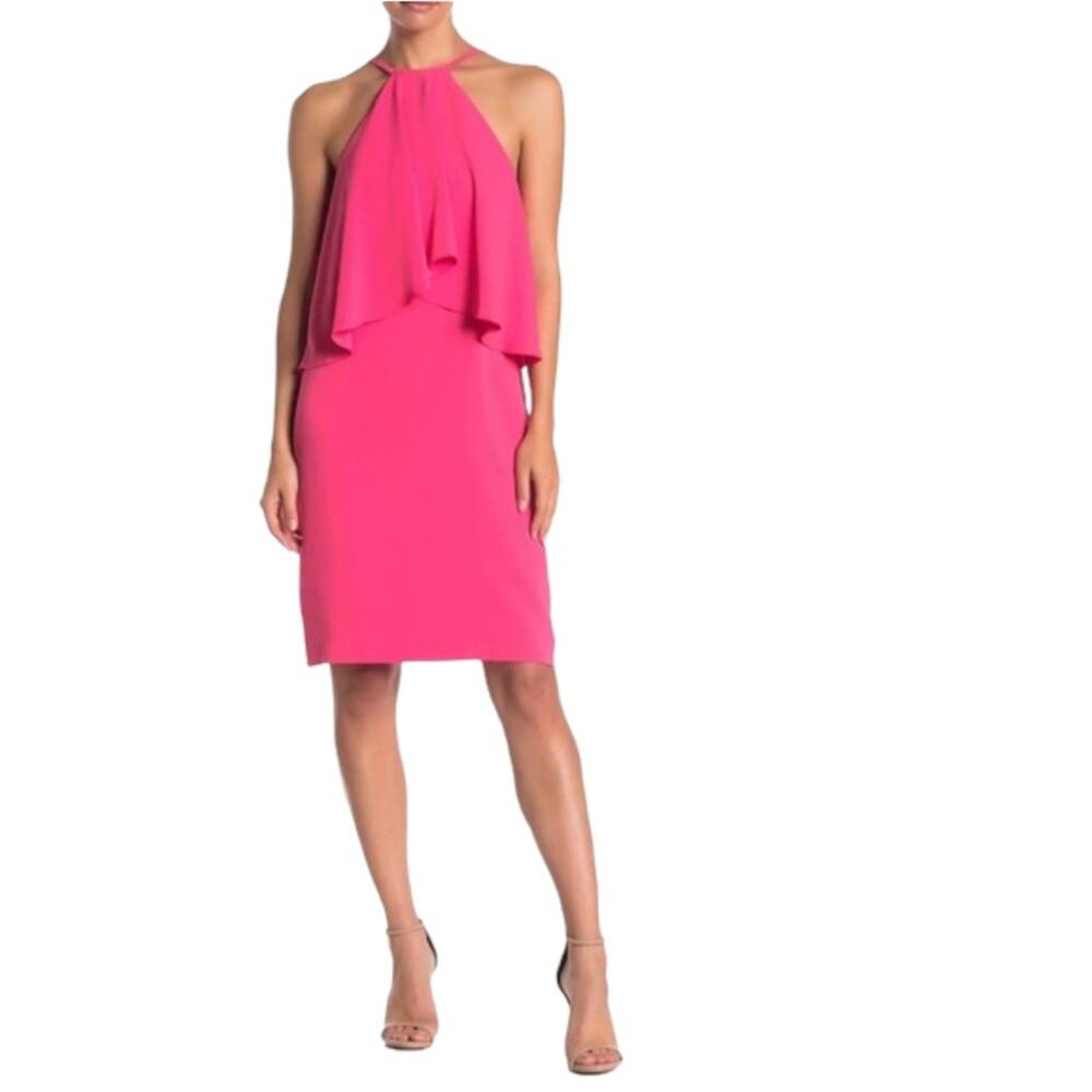 Trina Turk True Love Ruffle Halter Dress Cosmic Pink Strappy Sleeves NEW Large L - Picture 1 of 14